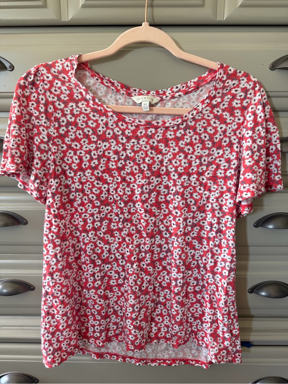 Lucky Brand Red and White Daisy Print Short Sleeve Tee